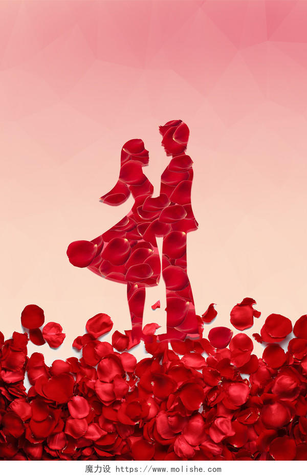 红色唯美七夕玫瑰花瓣剪影背景七月初七七夕情人节玫瑰花背景